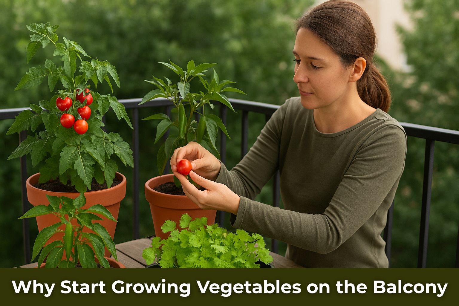 Woman tending to her balcony vegetable garden with cherry tomatoes, coriander, and chillies—highlighting the benefits of starting a small urban garden for health and sustainability.